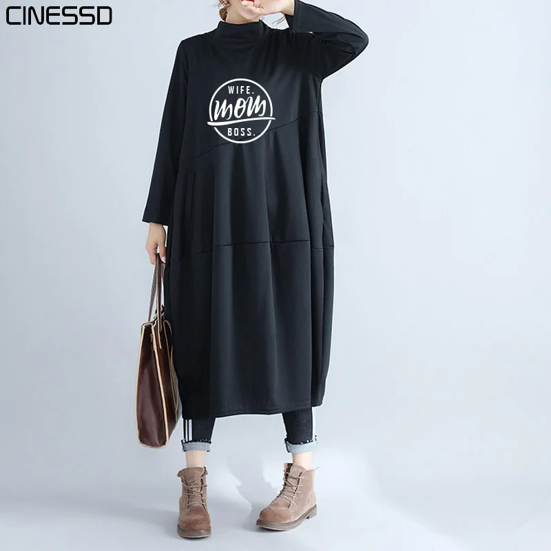 

2019 Women Knitting Dress Wifi Boss Printed Casual Cotton Linen Dresses Autumn Pocket Loose Lantern Plus Size Dress Vestidos New