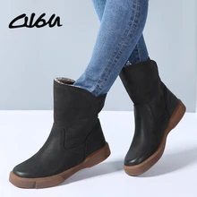 O16U/кожаные зимние сапоги с натуральным лицевым покрытием женская обувь полусапожки Винтажные ботинки ручной работы на плоской подошве женские ботинки на меху зима
