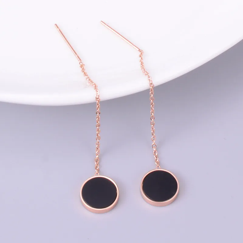 

Vintage Black Enamel Round Pendant Rose Gold Color Stainless Steel Link Chain Ear Line Long Dangle Earrings No Fade Jewelry