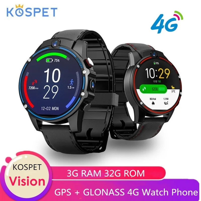 Оригинальные Смарт-часы Kospet Vision 4G 1,6 ''ips MTK6739 3 ГБ ОЗУ 32 Гб ПЗУ Android 7,1 часы телефон gps GLONASS 8MP+ 5MP 800mAh