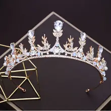 Золотистые листья невесты головной убор большая корона белый искусственный бриллиант аксессуары для волос королева свадьба свадебное платье аксессуары