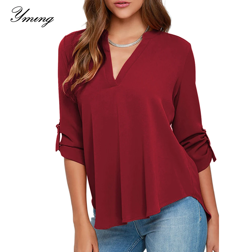 

2019 Chiffon Blouse Long Sleeve Sexy Solid Blouse V Neck Ladies Tops Plus Size Shirts Office Women Blouses Female Tunic Blusas
