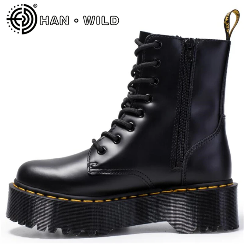 

Genuine Leather Platform Ankle Boots Women Chunky Heel Platform Boots Lace Up Motorcycle Boots Warm Plush Women Boots