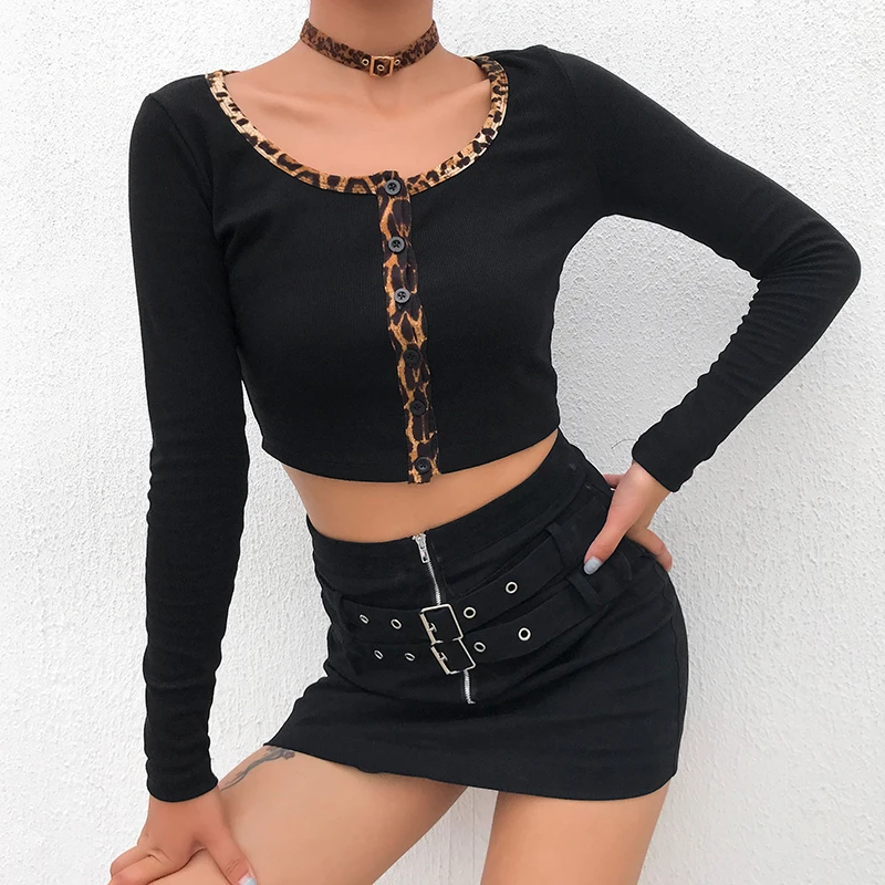 IAMSURE 2020 Autumn Streetwear Fashion Long Sleeve Women Cardigan Blouses Cheetah Patchwork Fitness y2k Female Cropped Shirt