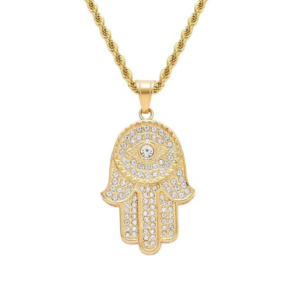 

Hip Hop Necklace Alloy Gold Silver Rhinestone Hand of Fatima Pendant With 24 inch Stainless Steel Chain Men's Jewelry Gifts