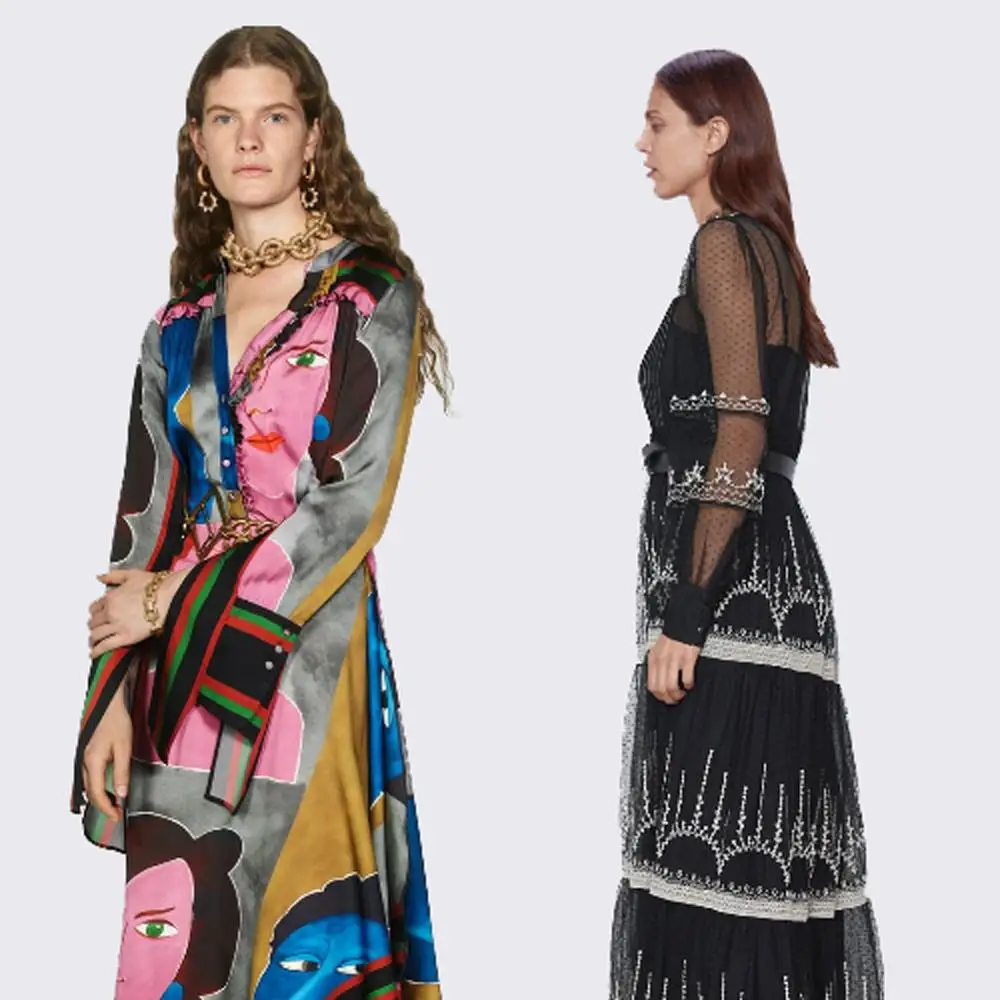 

2019 ZA Women's Dress Fashion New Autumn and Winter Embroidery Net Dress Bohemian Women's Long-sleeved Stand Collar Long Dress
