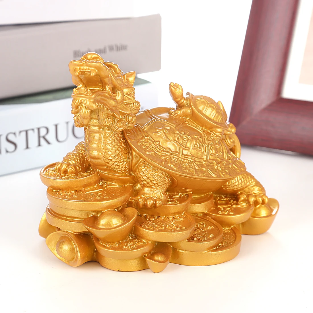 

KiWarm Traditional Gold Resin Feng Shui Dragon Turtle Tortoise Statue Figurine Coin Money Wealth Ornaments For Home Office