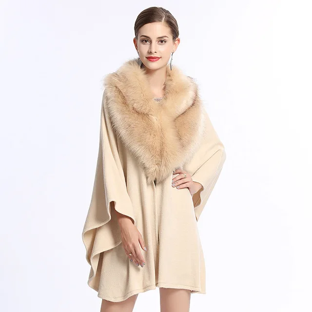 beige Зимняя Европейская Новая мода негабаритная свободная Имитация лисьего меха воротник вязаное пальто женский кардиган с широкими рукавами шаль плащ куртки F239 - Цвет: beige