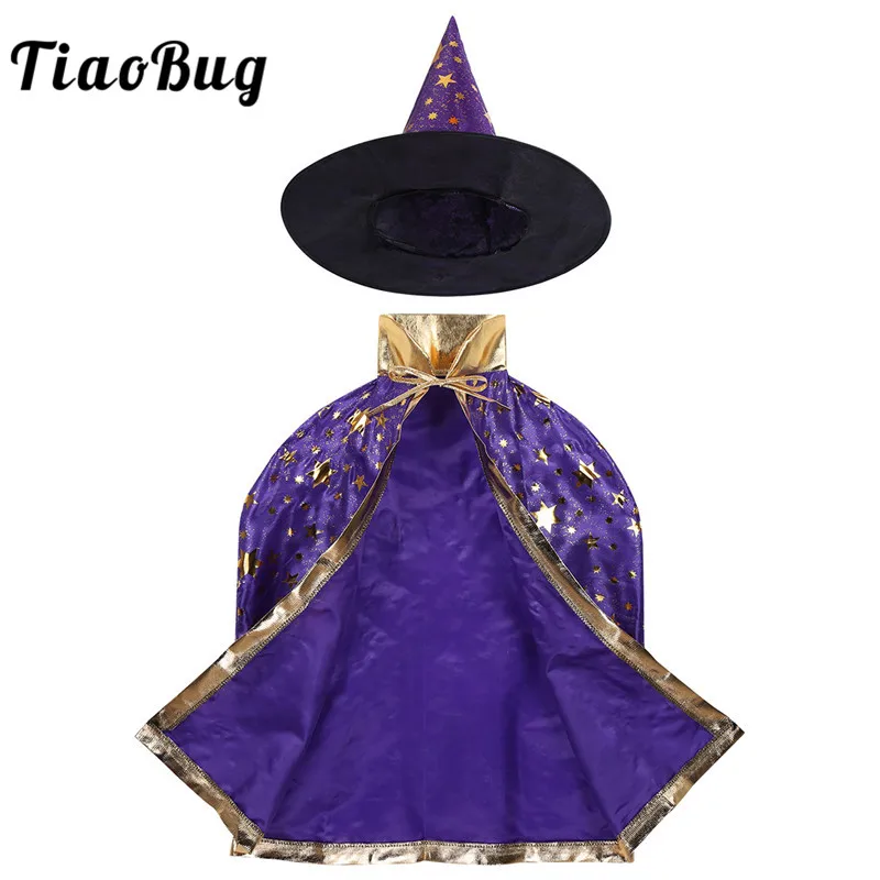 

TiaoBug Kids Halloween Costume Witch Wizard Cloak Cape Pointed Hat Set Cosplay Party Stars Pattern Girls Boys Magician Outfit