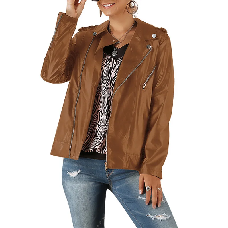 

PU Leather Motorcycle Jackets Black Whiter Leather Coat Women Brown Army Green Zipper Basic Coat Turn-down Collar Biker Jacket