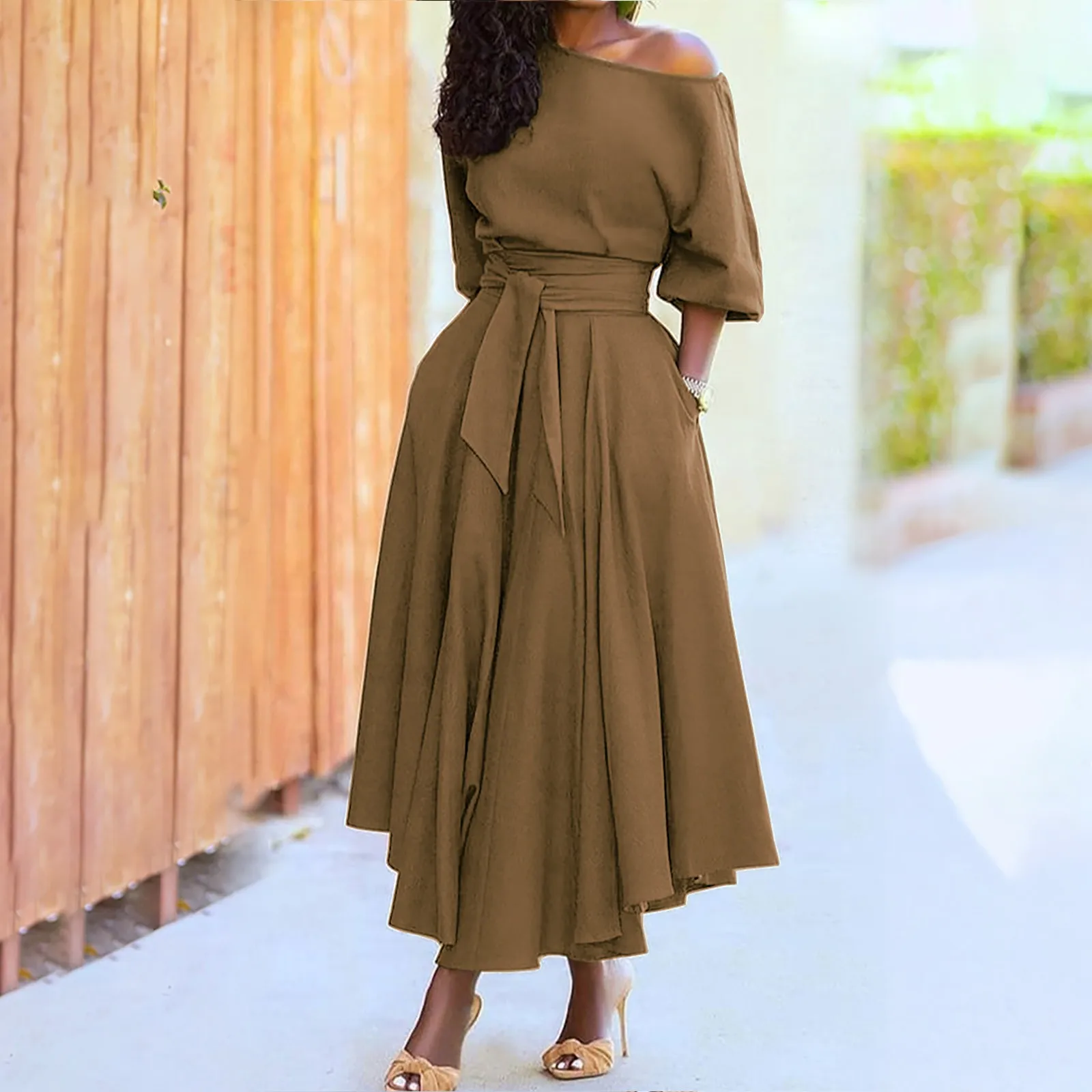 Women's Ruffle Dresses Short Sleeve Slanted Shoulder Tie Casual Halter Strap Summer Fashion Loose Long Dress Dresses Vestido 1