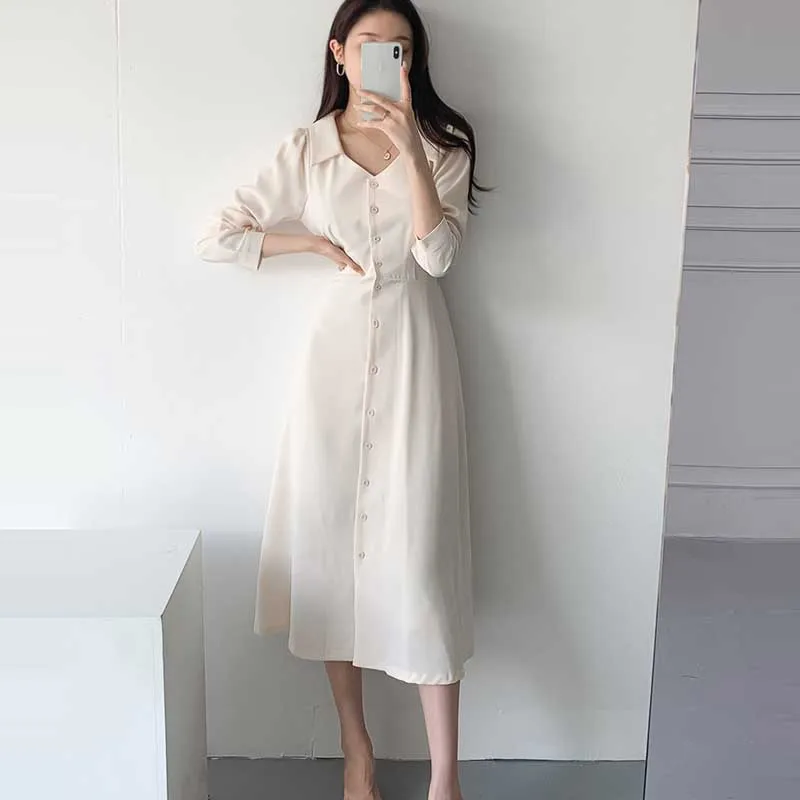 Elegant One-Piece Dress Woman 2020 Spring Autumn New Single-Breasted Long Sleeve Waist Dress Korean Office Party Dresses Lady