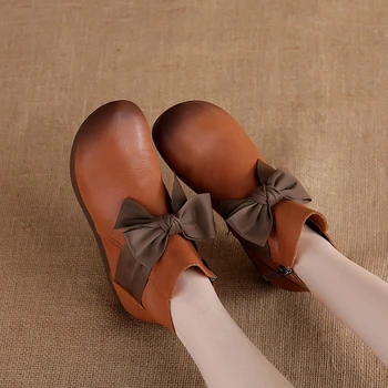 

Handmade genuine leather Mori women's shoes artistic casual Winter Ankle boots bow sweet hipster flat boots single boots