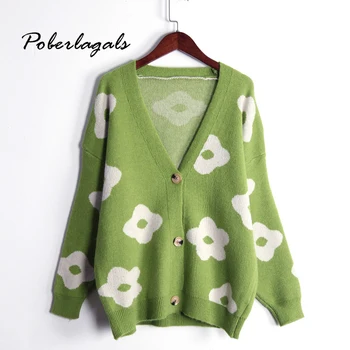 

Winter print flower 2019 Autumn Women V-neck knit cardigan Sweater Lazy Loose Contrast loose Casual Sweater Oversize cardigan