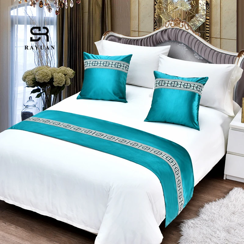 RAYUAN Blue Suede Embroidery Bedspreads Bed Runner Throw Bedding Single Queen King Bed Cover Towel Home Hotel Decorations