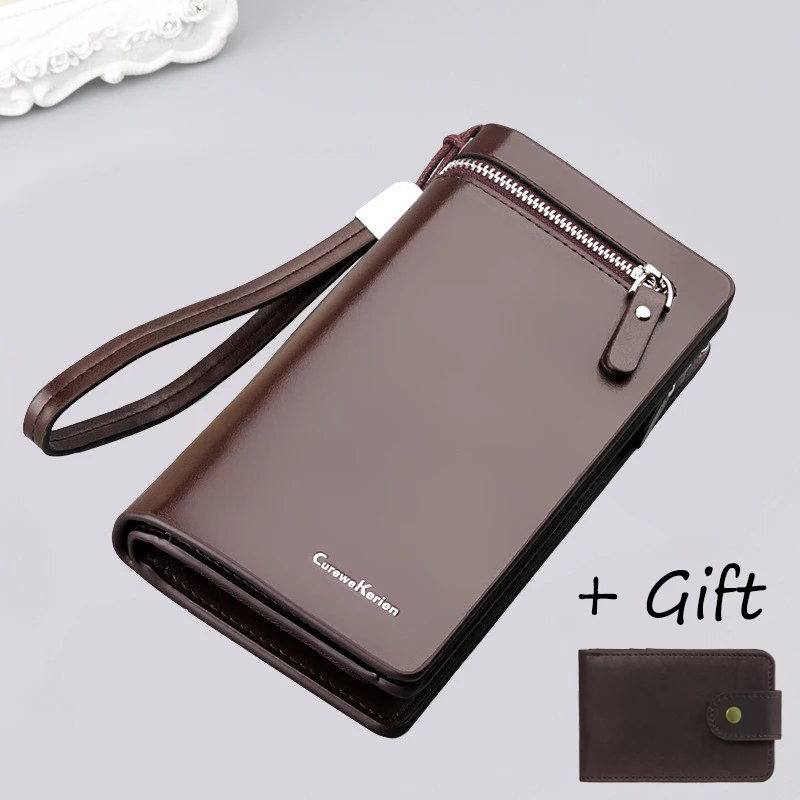 brown handle gift Новинка, двойной мужской кошелек, известный бренд, мужской кожаный Длинный кошелек, клатч, мужской кошелек для денег, ID держатель для карт, Carteira Masculina - Цвет: brown handle gift