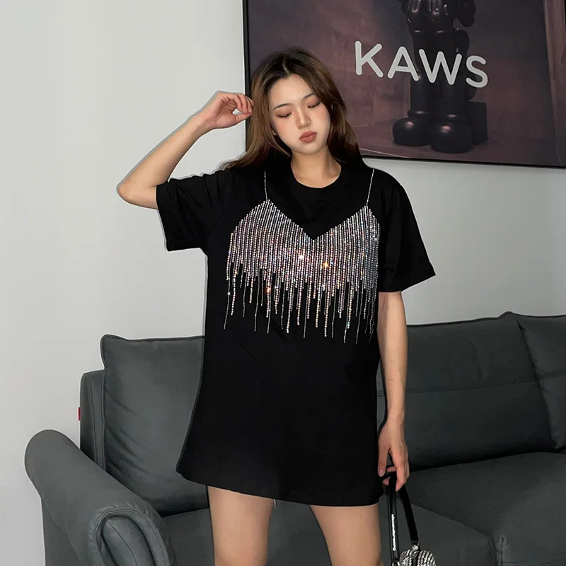 

Summer new Fashion personality Sling pattern Hot diamonds short-sleeve Mid-length T-shirts women Casual black long tops female