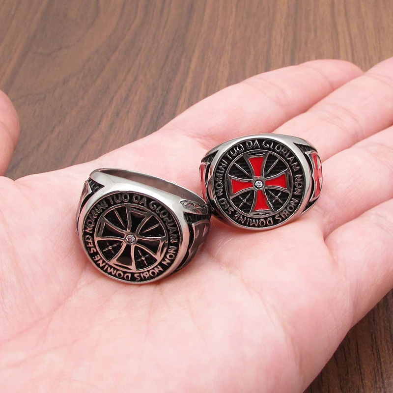 Unique 316L Stainless Steel Knights Templar Ring Custom Design Wholesale Price Shield Black Epoxy Clean Zircon Red Cross Rings 6