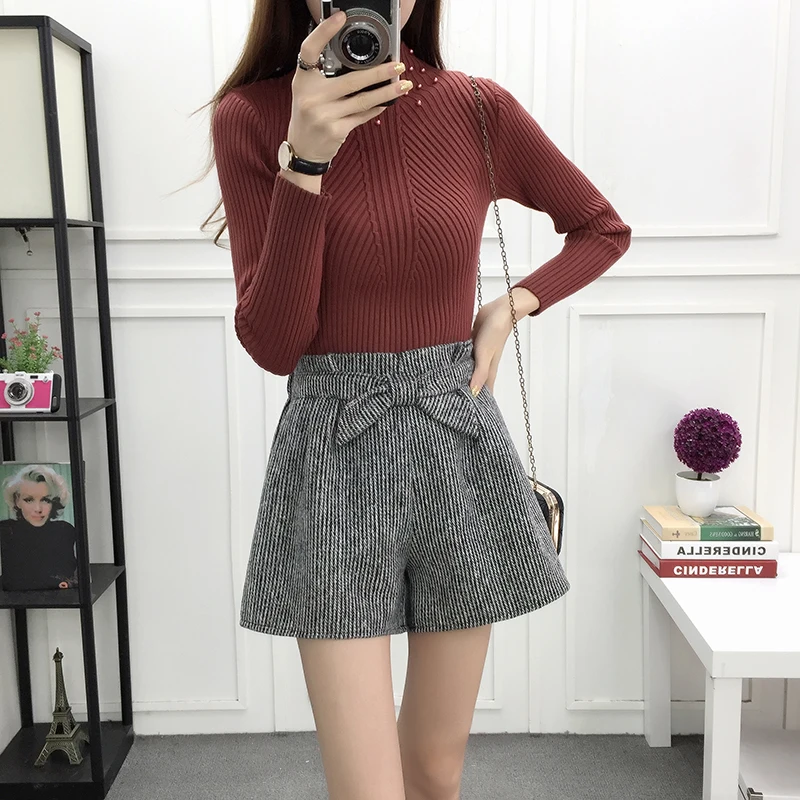 gray shorts Осень Зима теплые женские широкие шорты с высокой талией серые клетчатые шорты женские шорты студенческий стиль повседневные шикарные шорты - Цвет: gray shorts