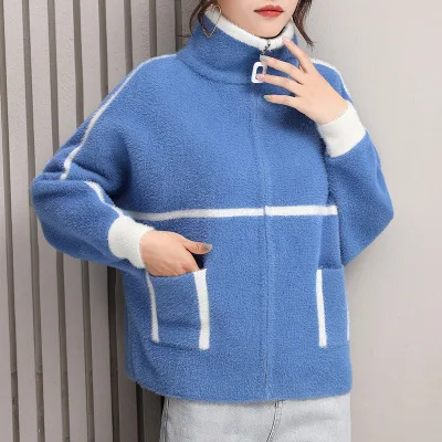 Осенне-зимняя искусственная Светодиодная лампа направленного света женский короткий свитер пальто модный полосатый вязаный свитер на молнии мягкий удобный - Цвет: Blue