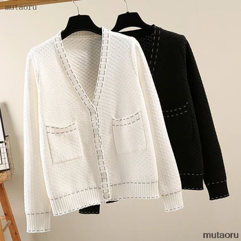 

2019 Autumn New Small Fragrance Wind Knitted Jacket Female Woven color matching Loose Knitted Cardigan Outside Black White
