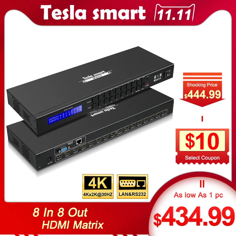 DHL Бесплатная Тесла smart 4K2K Высокое качество 8 в выход HDMI матрица 8x8 с RS232/LAN 2 шт. 1U стойки уши Ultra HD 4 к Full HD 1080 P 3D