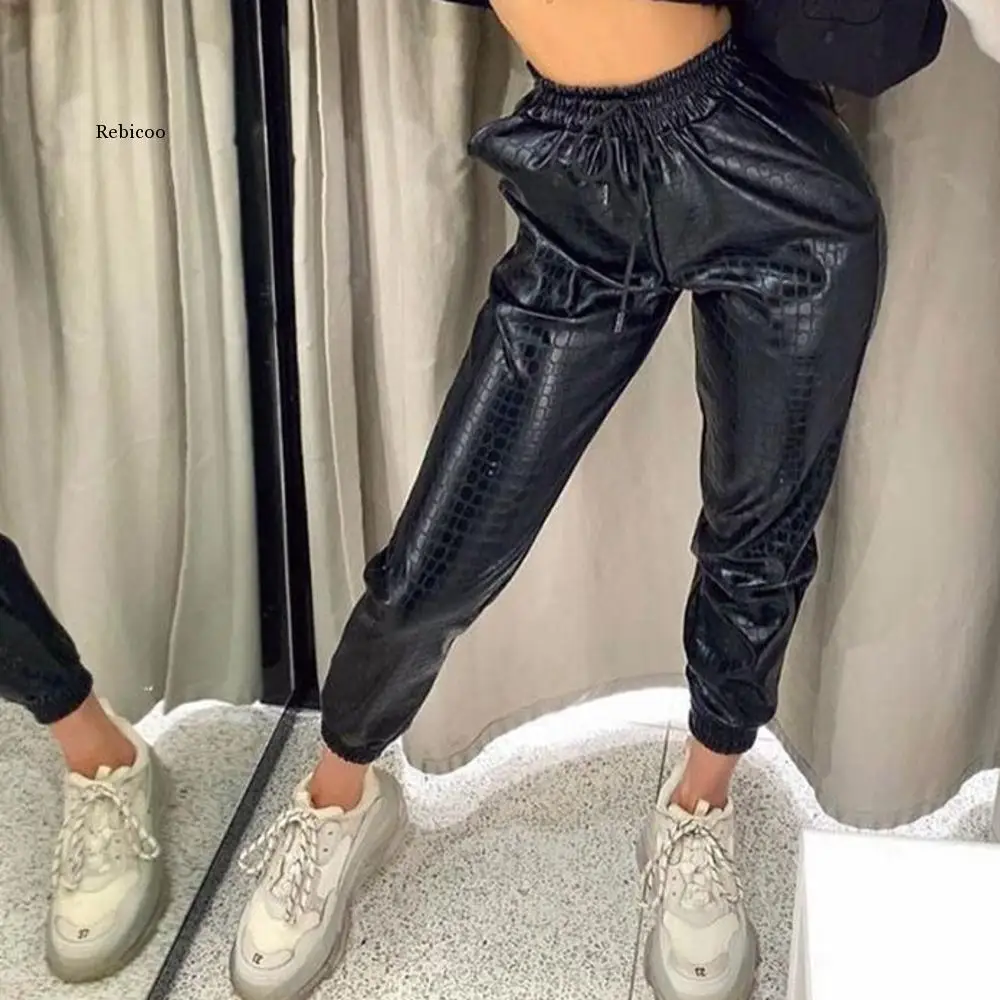 

Винтажные кожаные плиссированные свободные брюки из искусственной кожи на шнурке, штаны из искусственной кожи с узором крокодила, женская уличная одежда на осень и зиму