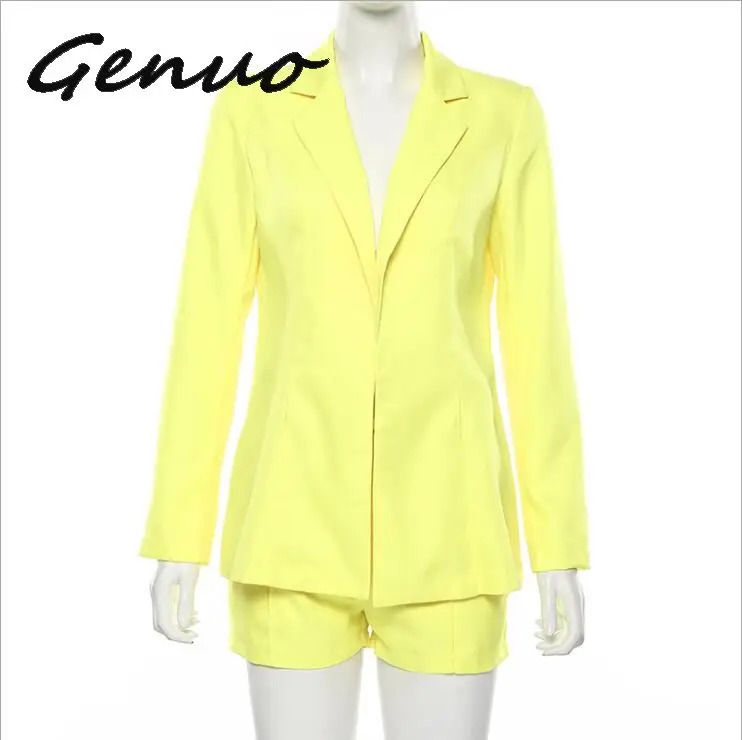 Элегантный офисный женский костюм размера плюс, короткие штаны, женский пиджак, блейзер, топ с высокой талией, мини шорты, костюмы, повседневная рабочая одежда, комплект из 2 предметов - Цвет: yellow1