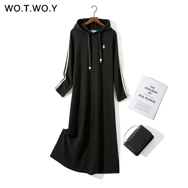 8233Black WOTWOY осеннее повседневное хлопковое платье с капюшоном, женское Полосатое платье до середины икры с карманами и лентами, одежда с длинным рукавом для женщин - Цвет: 8233Black