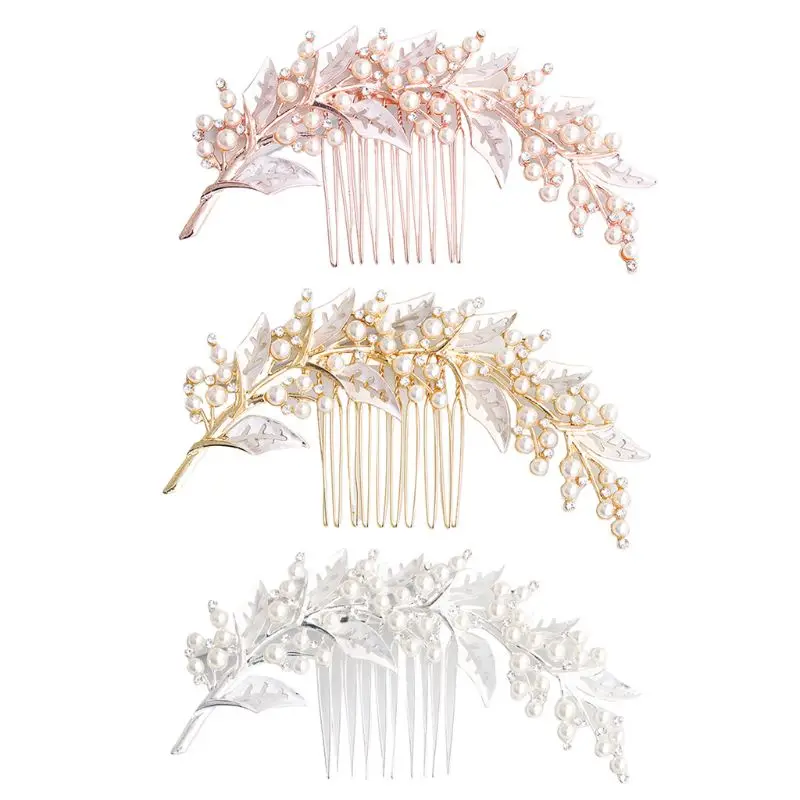 Metallic Hollow Out Leaves Wedding Hair Comb Imitation Pearl Rhinestone Bridal Prom Party Ponytail Veil Holder Hairpin Accessory