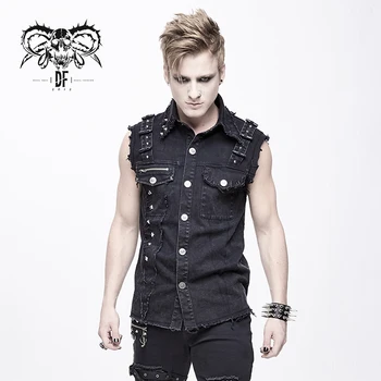 

Devil Fashion Men Punk Denim Vest Street Rock Tattered Design Fashion Single-breasted Thin Waitcoat