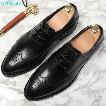 

QYFCIOUFU 2019 New Vintage Men Dress Shoes Genuine Leather Formal Male Oxford Italian Classic Lace-up Men's Brogue Shoes