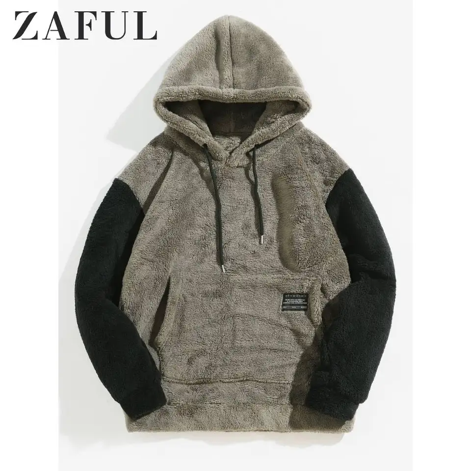 solid pouch fluffy hoodie