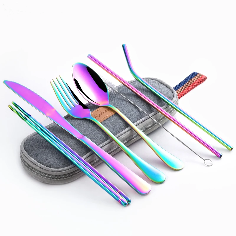 Набор посуды для путешествий, кемпинга, набор столовых приборов, многоразовая посуда из серебра, металлическая соломинка, ложка, вилка, палочки для еды и портативный чехол
