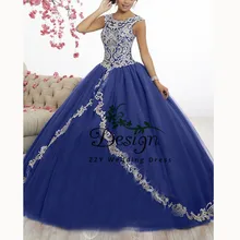 Vestidos de quinceaneras Синий Аппликация Совок Тюль Холтер бальное платье с кристаллами Бальные платья с аппликациями корт поезд сладкий 16