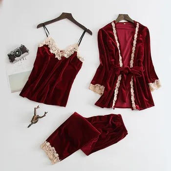 

Women Velour Pajamas Set Sexy Lace Patchwork 3PCS Sleepwear Female Velvet Sleep Set Autumn Nightwear Loose Home Clothing
