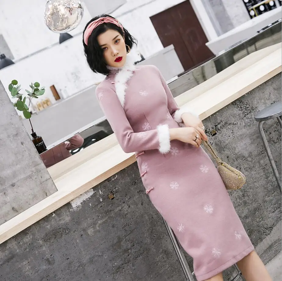 Высокое качество зимнее шерстяное платье Ципао женское улучшенное китайское теплое толстое Ципао с вышивкой размера плюс XXXL - Цвет: 1