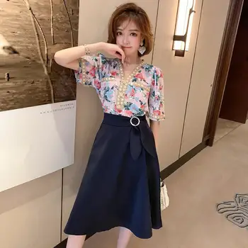 

2020 Two Piece Set Women Chiffon Printing Shirt Crop Top and Bow Midi Skirts Suit Femlae Outfits Summer Short Sleeve 2 Piece Set