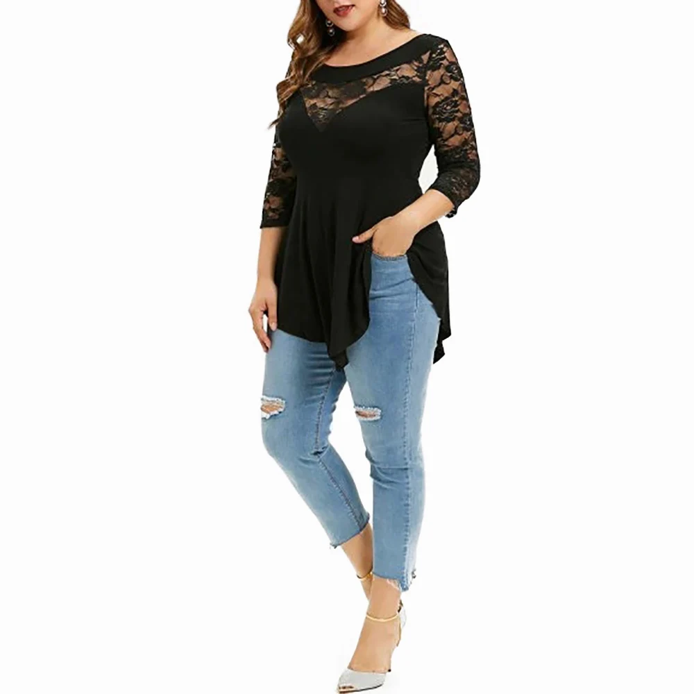 Large size Women blusas Sexy O-Neck Tshirt Plus Size 6XL Long Sleeve T-shirt Female Casual Hollow Lace Tees Tops Clothes D30
