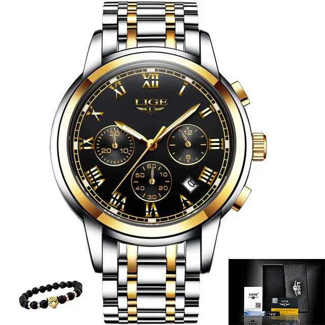 LIGE мужские часы, военные Роскошные брендовые часы, мужские кварцевые часы из нержавеющей стали, модные часы с хронографом, мужские часы - Цвет: S-gold black