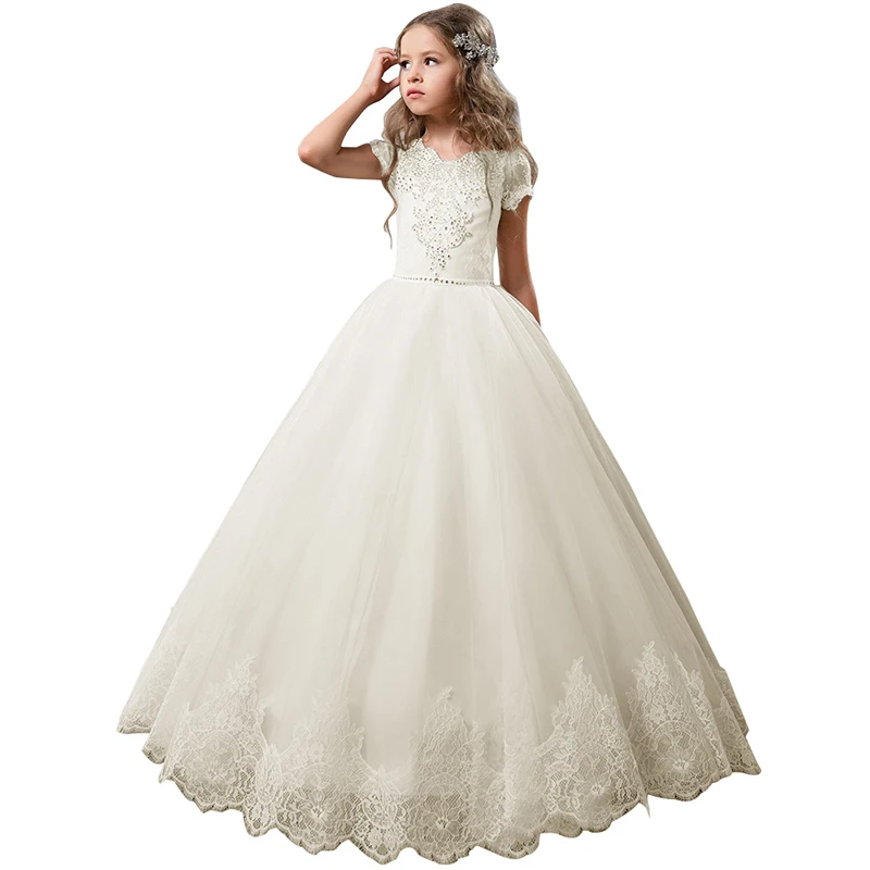 

2-13Years Teenagers Kids Baby Children Long Princess Party Evening Dress Short Sleeves Lace Appliqued Beading Flower Girl Dress
