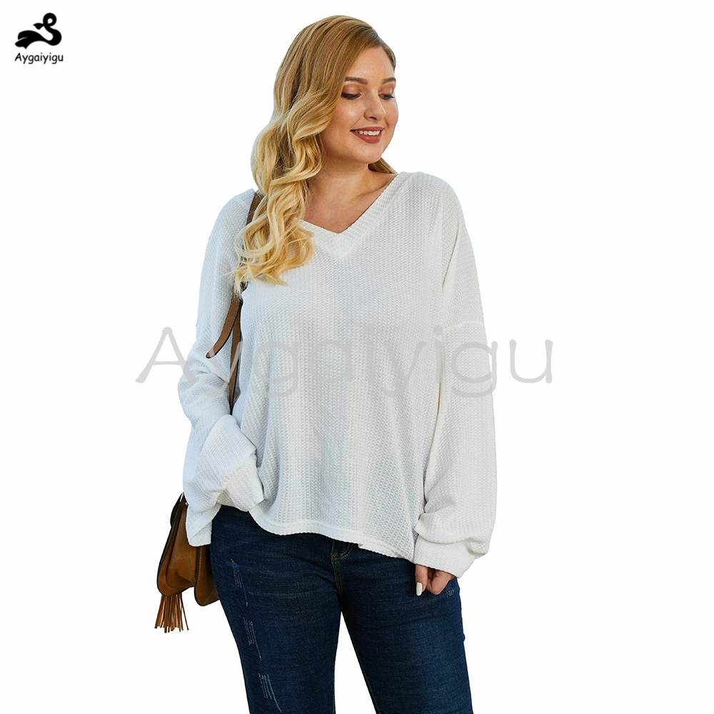 Aygaiyigu 2020 wiosna bluzki z dzianiny Plus Size panie Nadruk Litera V Rękaw 34 Casual Elegancki Bluzki