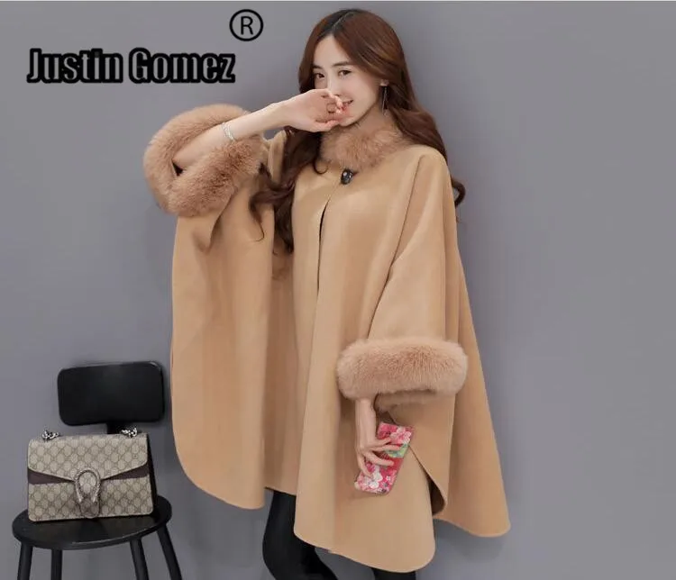 

Spring Autumn Faux Fox Fur Collar Cloak Women's Woolen Coat Plus Size Female Winter Coat Thicker Korean Coat Female Large Size