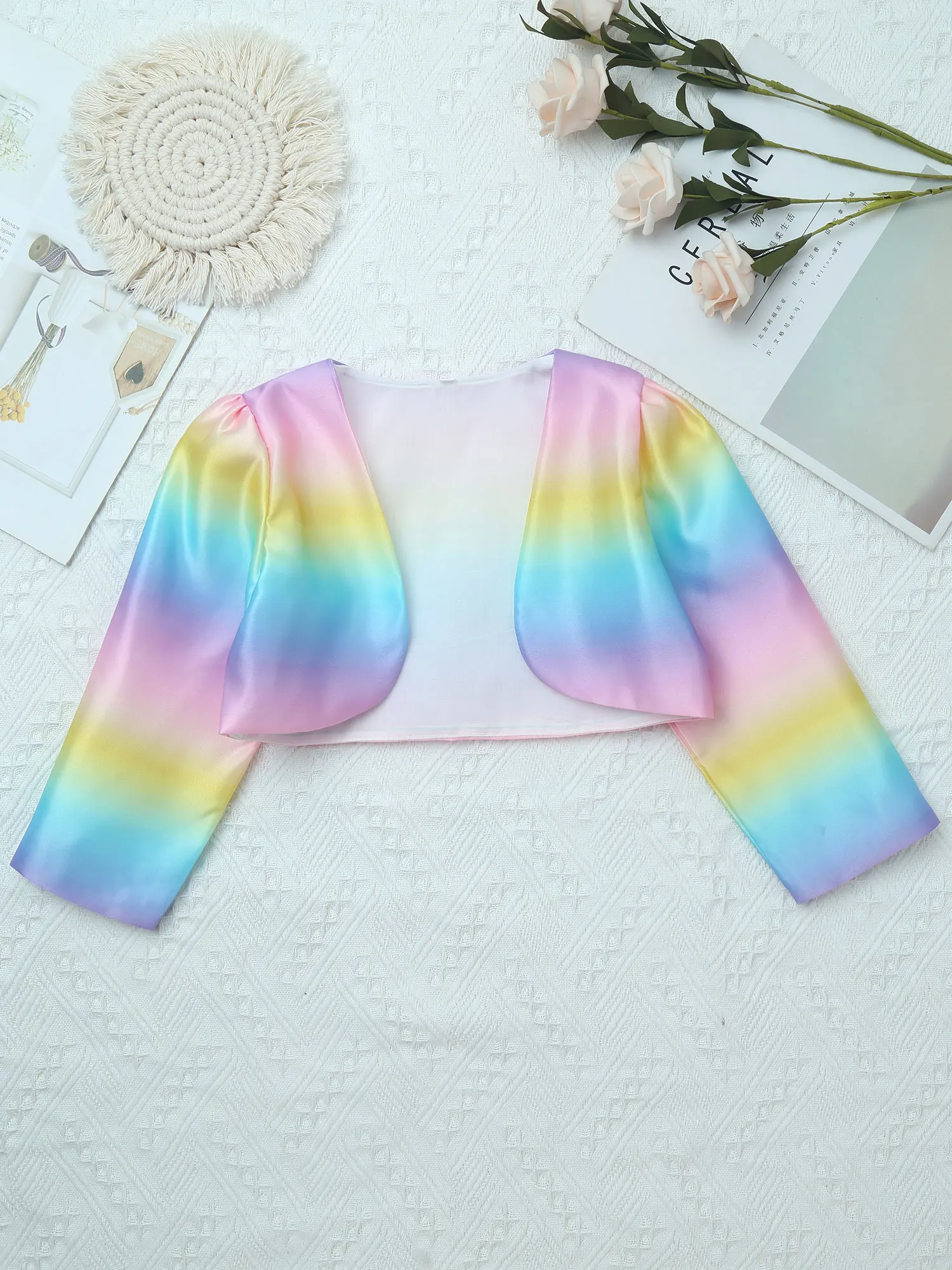 Kids Girls Warm Cape Halloween Costume Long Sleeve Gradient Rainbow Print Cape Capelet Crop Coat for Party Princess Flower Dress