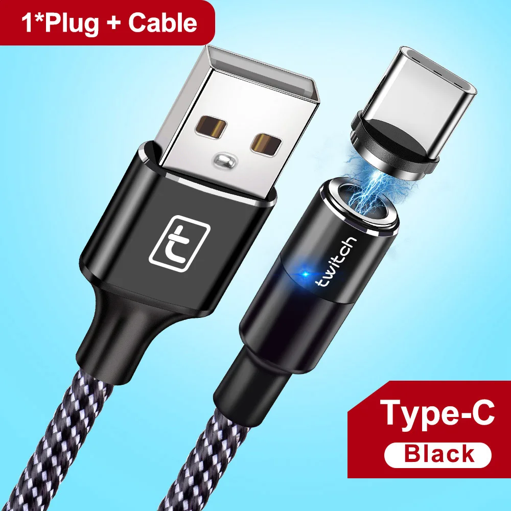 Black Type C Cable Магнитный кабель Twitch Micro usb type C, супер быстрое зарядное устройство, USB C светодиодный кабель для iPhone, samsung, Xiaomi, Android, кабель Microusb - Цвет: Black Type C Cable