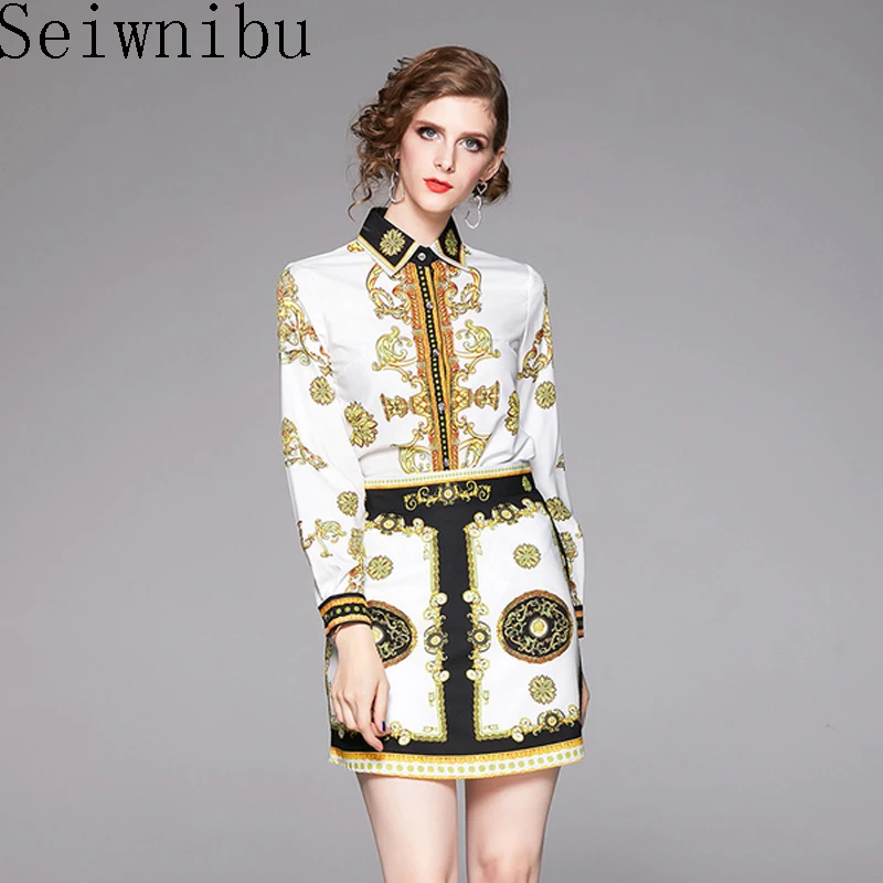 Autumn Fashion Runway Golden Printed Suits Set Women's Long Sleeve Blouse Shirt + Elegant High Waist Mini Skirt Two Pieces | Женская