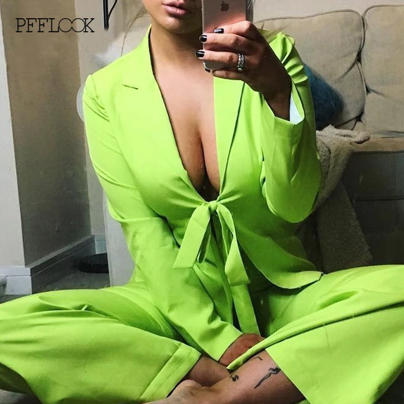 Женский офисный костюм PFFLOOK из блейзера и брюк с v образным вырезом комплект двух