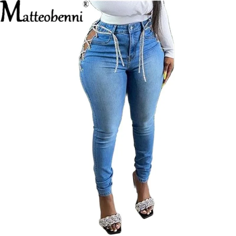 Sexy Blue Hollow Out Denim Pants 2021 Women High Waist Ripped Pencil Jeans Ladies Lace Up Bandage Streetwear Trousers