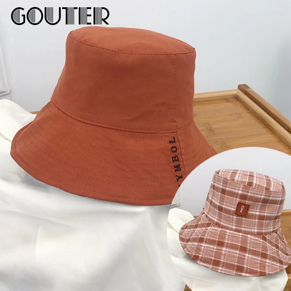 Панама GOUTER Двусторонняя однотонная женская летняя простая шапка в клетку с