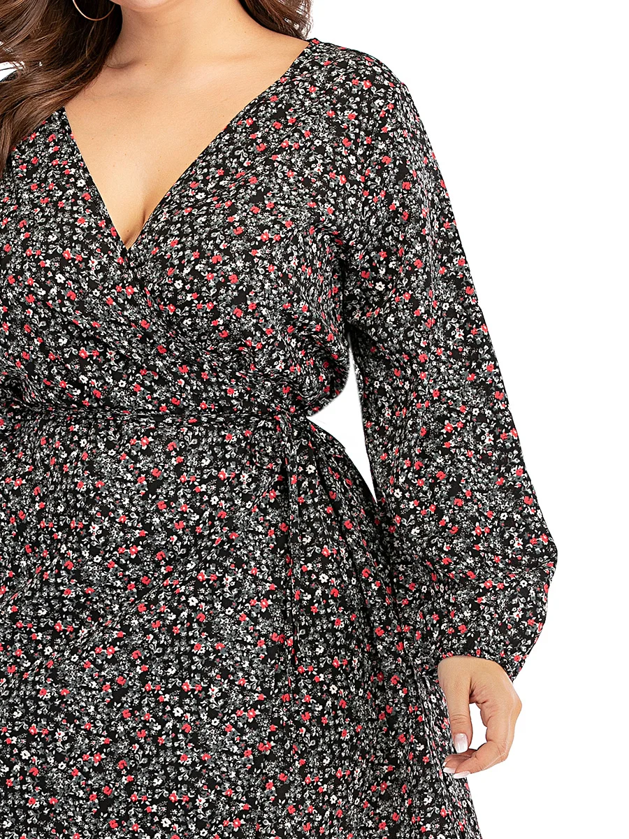 5XL размера плюс, летнее пляжное платье с длинным рукавом, женское платье с v-образным вырезом, рукав-фонарик, цветочный принт, Повседневное платье, длина до колена, платья с запахом